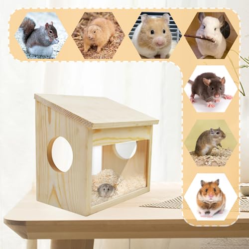 Sand Bath Box for Hamster,Visible Small Animal Digging Box Wooden Chinchilla House Hideout Dust Bath Hamster Bathroom Accessories with Acrylic Plate Chew Toys for Dwarf Syrian Gerbils Mice