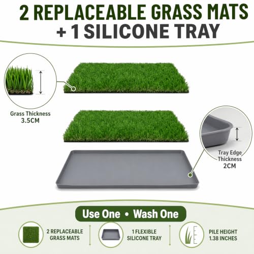 THREE ORANGES Dog Grass Pee Pads, 2 Pack 20 x 24 Inch Artificial Grass Replacement Mats for Dog Potty Trays, Soft 1.38 Inch Washable Turf with Drainage Holes, Indoor Outdoor - size: 20in*24in (with tray)