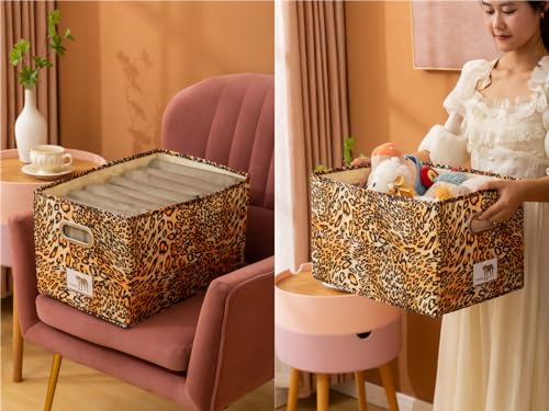 Foldable Animal Leopard [Set of 3] Storage Bins, Collapsible Fabric Organizer Container Boxes w/Handles –10L & 19L & 34L Capacity - color: 3 Set Leopard