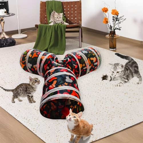 Cat Tunnel Tube Toys, 3 Ways Tunnels for Indoor Cats with Play Ball | Collapsible Pet Tube with Interactive Peephole Interactive Toy for Rabbits, Kittens, Ferrets, Puppy(Mushroom) - color: Mushroom
