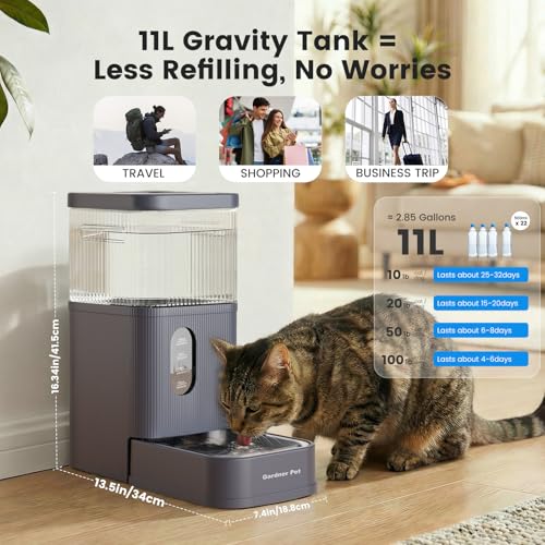 Gardner Pet 2.9 Gallon Automatic Dog Water Bowl Dispenser 11L Gravity Water Feeder with Stainless Steel Bowl & Maifan Stone Filter, BPA-Free for for Cats and Dogs (Grey, 2.9 Gallon) - color: Grey, size: 2.9 Gallon