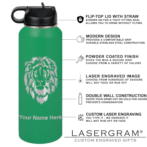 LaserGram Personalized 40oz Water Bottle, Rabbit (Green) | Engraved Gift, Vacuum Insulated Stainless Steel, Flip-Top Straw Lid, Laser Engraved With Your Name - color: Green, size: 40 Ounces
