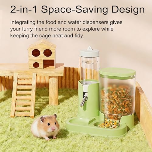 No Drip Hamster Water Bottle, 2 in 1 Automatic Water Dispenser & Food Bowl | Sealed Freestanding Small Animal Gravity Feeder, Hamster Cage Accessories for Dwarf Hamster, Gerbil, Rat, Mice (Green) - color: Green