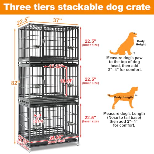Homey Pet 3 Pack Three Tier 37" Heavy Duty Stackable Dog Crate with Wheels | Drop Cages for Dogs with Escape proof Locks, Tray, Bowl, Open Top, for Small and Medium Dogs, Breeders and Multi-dog Homes - size: 37"L x 22.5"W x 29.5"H - 3 Tiers - 3 Pack