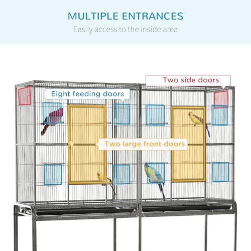 PawHut 65" Double Rolling Metal Bird Cage with Divider, Large Parrot Cage for Parakeet, Canaries, Lovebirds, Budgie, Finch, with Detachable Rolling Stand, Storage Shelf, Wood Perch & Food Container | for Parakeet, Canaries, Lovebirds, Budgie, Finch, Detac
