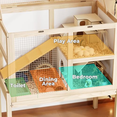 Timechee Guinea Pig Cages for 2, Small Animals Rabbit Cages with a Pull Out Tray, Large Wooden Indoor 2-Story Hamster House, Guinea Pig Hideout Habitat Playpen with Ramp, Platform, Natural