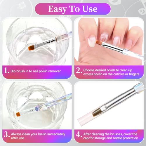 6Pcs Flat Nail Brushes Iridescent Crystal Handle Nail Art Painting Brushes | 6/7/8/9/10mm Premium Synthetic Bristles Manicure Brush for Cleaning Polish Mistakes on the Cuticles, DIY Painting - color: Clear