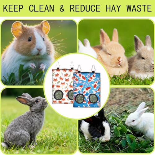 2 Styles Rabbit Hay Feeder for Guinea Pigs 11.6 x 9.1 Inch, Hanging Hay Feeder Bag 2 Pack Fox Fish Pattern Cloth Washable Feeding Storage Holder with 2 Holes for Bunny Chinchillas Hamsters - color: Fox