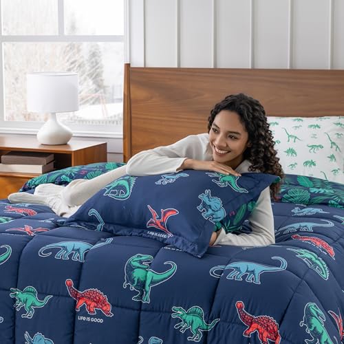 Berkshire LIG Printed Reversible Microfiber Comforter Set–5-Piece, Ultra Soft All-Season Bedding, Wrinkle & Fade Resistant, Twin, Life was Good Dinos Navy - color: Life Was Good Dinos Navy, size: Twin