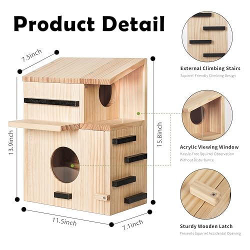Large Wooden Squirrel House for Outside, Squirrel Nesting Box with Window | Dual Balconies,Observation Window, Squirrel Feeder, and Squirrel Box with Multi-Level Platforms for Nesting & Shelter
