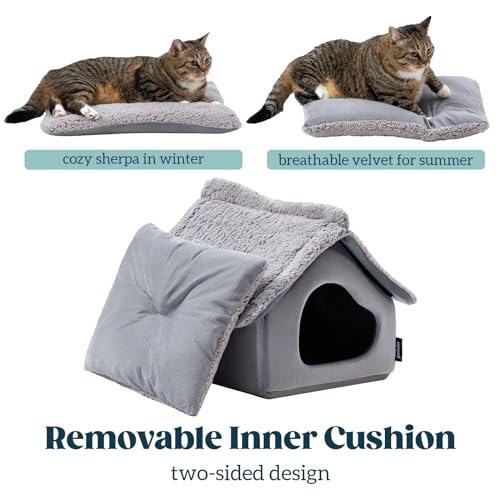 Cat Houses for Indoor Cats - Large Cat Cave Bed with Removable Support Foam and Washable 2-Side Mat - Covered Cat Bed for Cat Hideaway - Enclosed Cat Hideout for Kitten and Small Pet, Grey