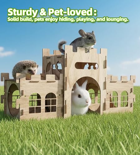 HIIMALEX Large Bunny Castle Sturdy House for Rabbits Ferrets Guinea Pigs | Wooden bunny hideout, split balcony, tunnel tower, ventilated habitat for rabbits, ferrets, guinea pigs, hamsters
