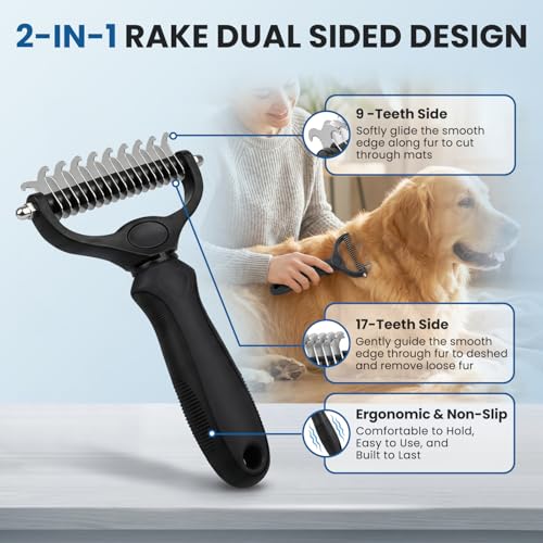 Double-Sided Pet Grooming Rake - 4-in-1 Professional Pet Grooming Kit Deshedding Dematting Tool for Dogs Cats Extra-Wide Grooming Brush & Deshedder Comb for Long & Short Haired Pets (Black Kit 4PCS) - color: Black