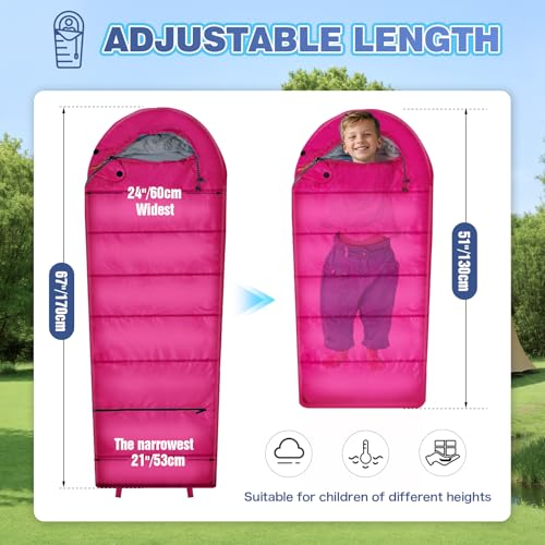REDCAMP Kids Mummy Sleeping Bag for Camping, 3 Season Cold Weather Sleeping Bag Fit Boys,Girls & Teens, Blue/Rose Red - color: Hot Pink