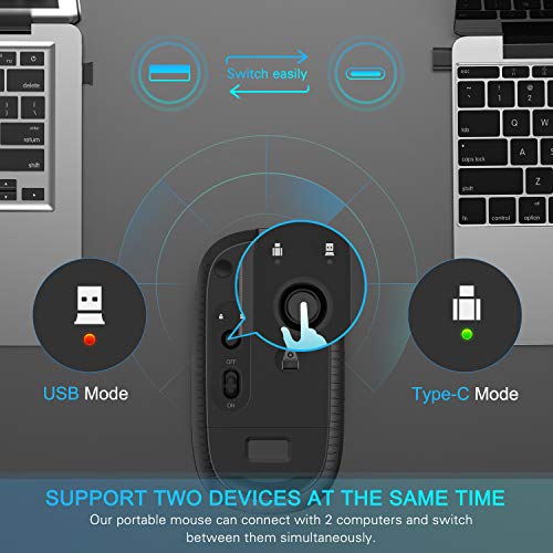 VssoPlor Type C Wireless Mouse, USB C MacBook Wireless Mouse, Black Silver | Dual Mode Cordless Mice with USB and Type C Receiver Compatible with PC, Laptop, MacBook and All USB C Devices - color: Black and Silver