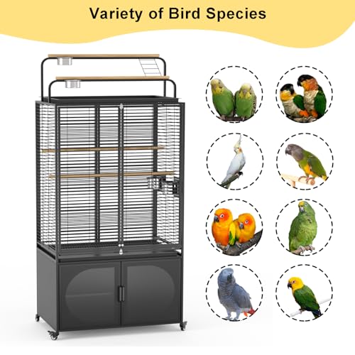 GDLF 72-Inch Parrot Bird Cage with Play Top and Storage Cabinet | Includes a UV-blocking cover, removable cleaning tray, four stainless steel bowls, perches, and lockable rolling casters