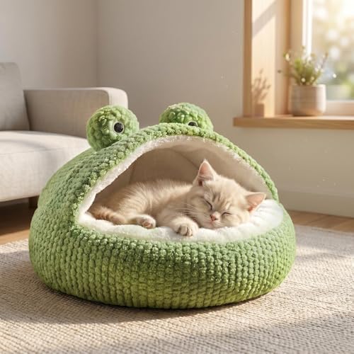 CWV Cute Cat Beds Kitten Beds, Soft Small Dog Beds, Washable Pet Beds for Puppy and Kitty, Funny Frog Cat Cave, 23 Inches - color: White＆Green