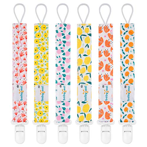 babygoal Floral Pacifier Clips, 6 Pack Binky Paci Holder Clips Leashes Fits for Most Baby Pacifiers and Binkies - color: Lemon and orange