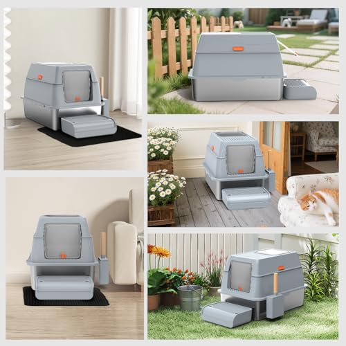 SZEE XL Stainless Steel Litter Box with Lid, Extra Large Metal Covered Litter Box, Stainless Box Easy Clean, Activated Charcoal Odor Control Design, Includes Litter Scoop & Mat & Step, Grey - color: Gray