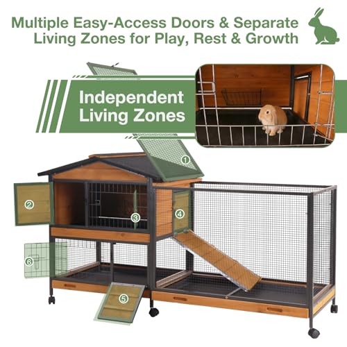 Large Rabbit Hutch Indoor Outdoor, Wooden Bunny Cage with Metal Frame, Chew-Proof Ramp, 3 Leakproof Pull-Out Trays, Rolling Wheels with Locks, Multi-Door Easy Access Small Animal Cage - color: Black-AIR19-X
