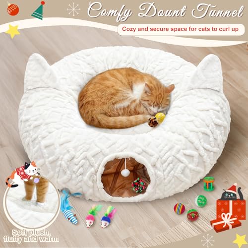 OurWarm Large Cat Tunnel Bed for Indoor Cats with Soft Cushion & Cat Toys, Round Under Tree Cats Donut Tunnel Christmas Tree Skirt, White Plush Pet Peekaboo Cave for Kitten/Puppy/Rabbit to Play - color: Grid