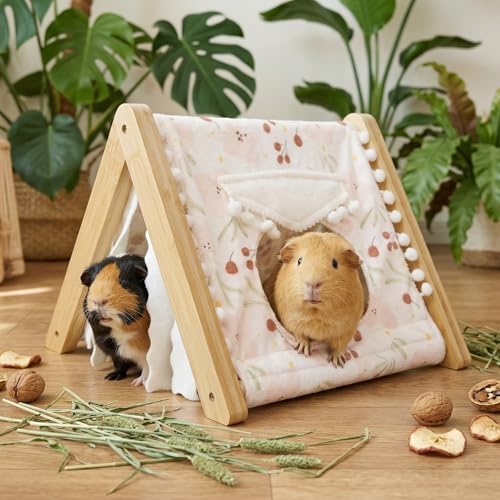Guinea Pig Hideout No Bottom, Sturdy Bamboo Small Animal House with Window, Rabbit Bunny Tunnel, Easy to Assemble for Hamsters Bunny Rat Chinchillas Playing Hiding, Guinea Pig Cage Accessories, Pink - color: Pink
