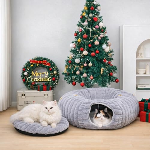 Dogpals Cat Tunnel Bed Cave 33" Lx10 Wx10 H for Indoor Cats(Grey) | Washable Cozy Cushion, Soft Striped Plush Fabric, Hideaway Peekaboo Cave for Kittens, Puppies, Rabbits & Small Pets - color: Grey