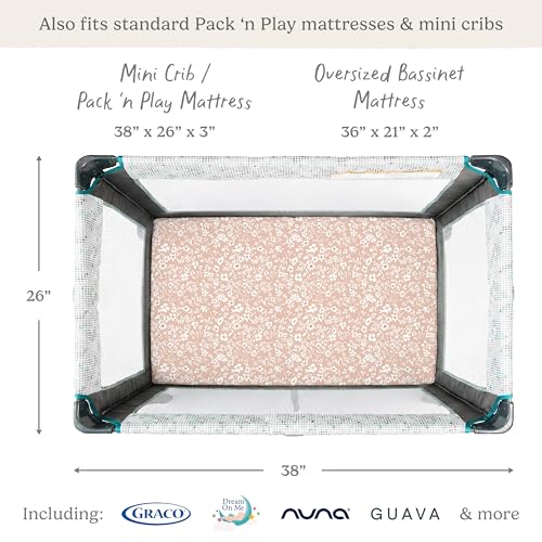 Pack and Play Sheets Fitted, Mini Crib Sheets for Graco Pack N Play Playard (38x26), Ultra Soft Organic Cotton Blend, Safe & Snug Playpen Mattress Sheet for Baby Boys & Girls – Fleurette, 2-Pack - color: Fleurette