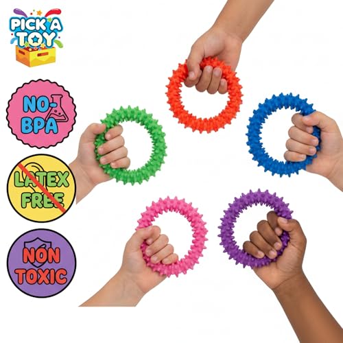 Hedgehog Rubber Rings Fidget Bracelet for Kids, 5 Pack | Spiky Sensory Toy, Firm Textured Rubber Ring, Classroom Prizes Boys & Girls, ADHD Sensory Toys - style: Fidget Rings Purple Green Pink Orange Blue
