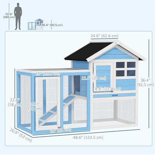 PawHut 49" Wooden Rabbit Hutch Bunny Cage with Fun Outdoor Run Light Blue | Waterproof Asphalt Roof, Removable Tray and Ramp, for Rabbits, Chickens, Ducks - color: Light Blue