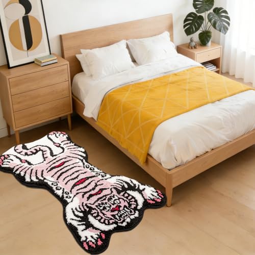 Tibetan Tiger Rug, Pink Tiger Bath Mat Fun Animal Bathroom Rug | 24 x 40 In, Soft Plush Pile, Non-Slip Backing, Washable, Irregular Shape, Bedroom and Living Room Floor Accent - color: Pink