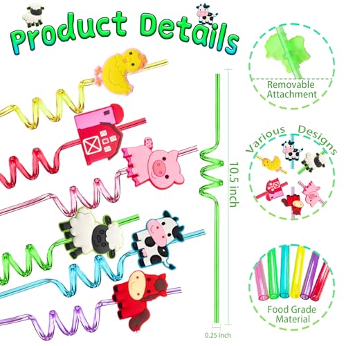 24 Reusable Plastic Drinking Straws for Farm Animal Birthday Party Favors | Fun Crazy Straws for Kids,Horse Cow Duck Sheep Pig Tractor Barnyard Theme Party Decorations,Classroom Prizes Student Gifts