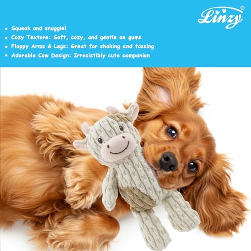 Linzy Plush Cow Dog Toy, Soft Squeaky Chew Toy for Small Medium Large Dogs, White and Tan, Interactive Pet Toy, 12 Inch