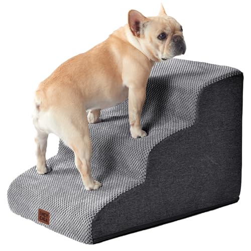 EHEYCIGA Curved Dog Stairs Ramp, 3-Step Dog Steps, 15.8" H Pet Step | 33D density of pure foam, for Small Dogs and Cats, Pet Stairs for High Bed Climbing, Non-Slip Balanced Pet Step Indoor, Grey