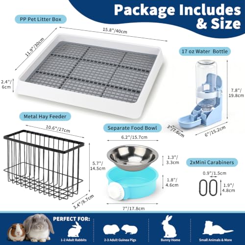 FHTONGE 4 in 1 Guinea Pig Litter Box with Feeder Combo Set for Cage | Metal Hay Rack, Water Bottle, Food Bowl, Low Entry Trainer Tray, Bunny Toilet and Feeder for Small Animal Rodent Ferret Rat - size: 14.6x12x2.6"(40x30x6cm)
