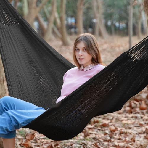 Handwoven Rope Mayan Hammock for Outside, 600 lbs Capacity | 2 Person, Portable Carrying Bag, Easy-Used Tree Straps, Carabiners, Soft Fabric, Patio (Sombra Negra, X-Large) - color: Sombra Negra, size: X-Large