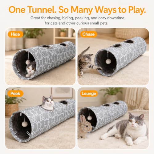 Geometric Straight Cat Tunnel with Plush Inside,Cats Toys Collapsible Tunnel Tube with Balls, for Rabbits, Kittens, Ferrets,Puppy, Diameter 9.8 Inch - size: Large Straight Tunnel