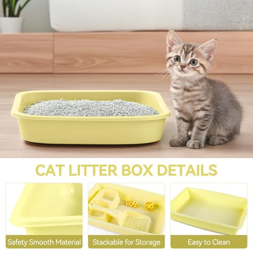 Pawise Newborn Kitty Litter Box Set, 5-Piece Cat Starter Kit – Includes Low-Entry Litter Pan, Scooper, Feeding Bowls & Mouse Toy, Ideal for New Kittens, 14.5 x 10.5 Inches, Yellow - color: yellow