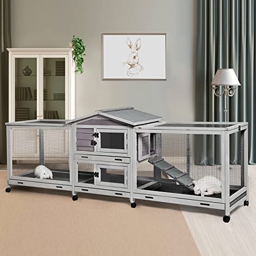 GUTINNEEN Bunny Cage and Outdoor Rabbit Hutch with Casters Waterproof Roof, Rabbit Cage on Wheels with Chew-Proof Ramp