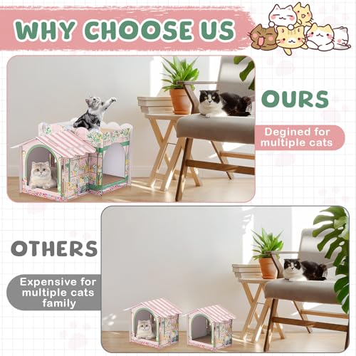 Lineshading 2 Story Cardboard Cat House with Scratcher Pad, Multi Level Durable Cat Scratcher House for Small Kitten Bunny Rabbit Animals Christmas Birthday Gift(17x12x10,Florist) - style: Florist