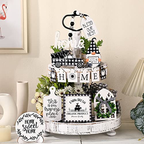FairySandy 11 Pcs Home Tiered Tray Decor Buffalo Plaid Black and White Rustic Farmhouse Tiered Tray Decorations Set Home Wooden Signs Vintage Animal Tabletop Wood Signs for Kitchen Table Shelf Decor - style: Buffalo Plaid