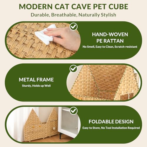 Handwoven Rattan Cat Bed for Indoor Kitten, Cat Cave Bed with Sisal Ball, Cushion & Cat Scratch Post, Foldable Hideaway Cat Hut in Bedroom Living Room, Natural - color: Natural B