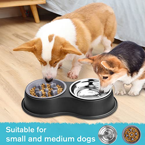 Epetslove Double Dog Water and Food Bowls Raised Slow Feeder Black | Stainless Steel, Raised Feeding Station, Removable Slow Feeder, Anti-slip Base, For Puppies, Medium Dogs, Cats & Multi-pet - color: 2. Slow Feeder, size: Medium-18oz