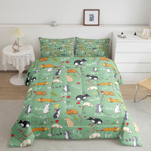 Erosebridal Kids Rat Comforter Set, Mouse Rodents Bedding Set Full Size, Funny Animal Love Heart Duvet Sets for Boys Girls Children Bedroom, Cartoon Style Duvet Insert Decorative Room, Green - color: Multi 34, size: Full