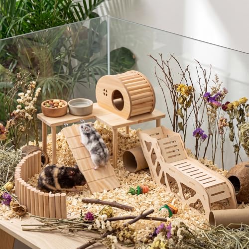 BreezeHug 4 Pcs Hamster Cage Accessories Hamster Platform Hideout Wooden Tunnel Ladder Playhouse Game Climbing Toy with Platform for Pets Dwarf Syrian Mice Degus Gerbils Squirrel(Table) - style: Table