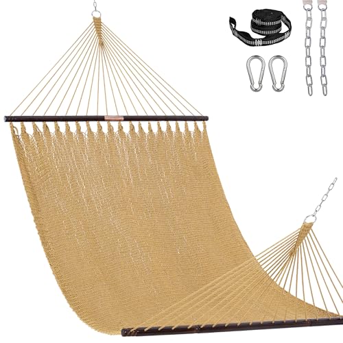 Lazy Daze XL Handwoven Caribbean Rope Hammock, 2+ Person Hammock | 13FT Polyester Outdoor Hammock with Spreader Bars & Straps & Carabiners, 500lbs Capacity for Outside, Patio, Tan - color: Tan