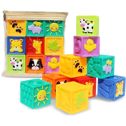 Kingtree Baby Blocks, 9PCS Soft Squeeze Building Blocks Stacking Toys for 6+ Months Babies, Baby Teething Chewing Educational Blocks Set with Numbers Animals Shapes Textures