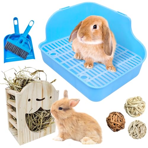 PINVNBY Rabbit Litter Box for Cage Wooden Guinea Pig Hay Rack Feeder Potty Trainer Corner Bunny Litter Box Pet Toilet with Cleaning Set for Guinea Pigs Ferret Rabbits Chinchilla - color: Blue（With hay feeder）, size: S: 11.02 x 8.66 x 5.9 inches (Fixed on