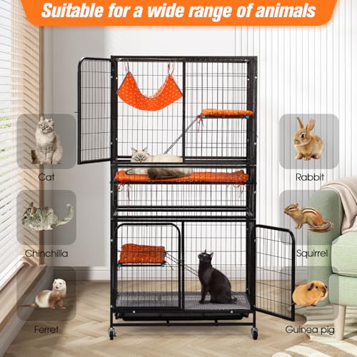 Cat Cages Indoor,4-Tier Ferret Cage, Large Wire Crates with Hammock, Cat Enclosure with 2 Ladders, Cat Kennel with Wheels for Kitten, Guinea Pig, Rabbit, Chinchilla, Black - size: 32.7"L x 23.6"W x 63.0"H
