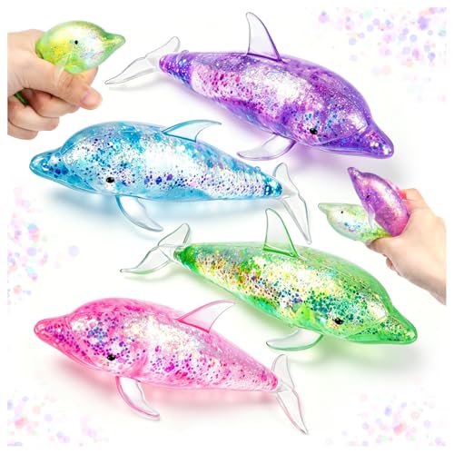 4Pack Dolphin Sugar Stress Balls Cute Glitter Dolphins Fidget Toys for Kids | Soft Sea Animals Sensory Toys for Stress Relief Party Favors Easter Basket Stuffers - style: 4PCS (Dolphin)